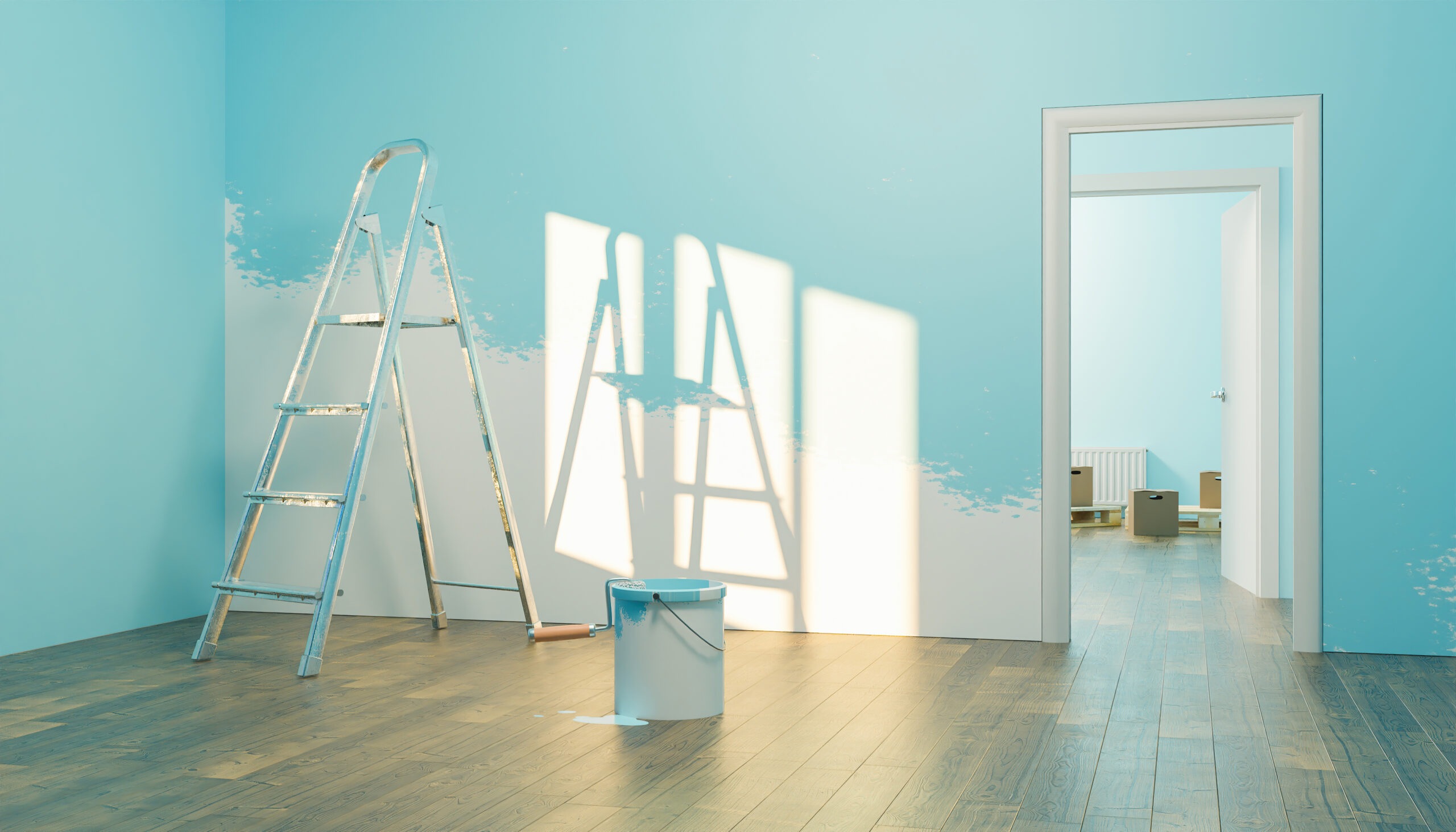 interior of a new house with paint can and half painted wall